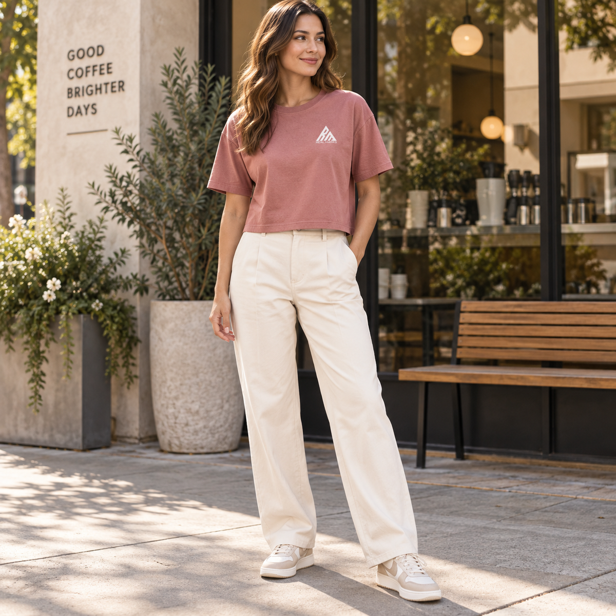 Woman wearing the dusty rose Real Marks relaxed crop T-shirt near a cafe