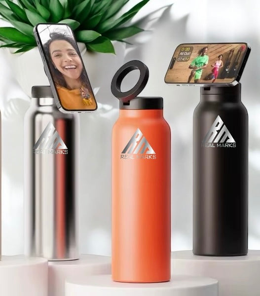 Real Marks-Premium Insulated Water Bottle with Magnetic Phone Holder, Made of Stainless Steel