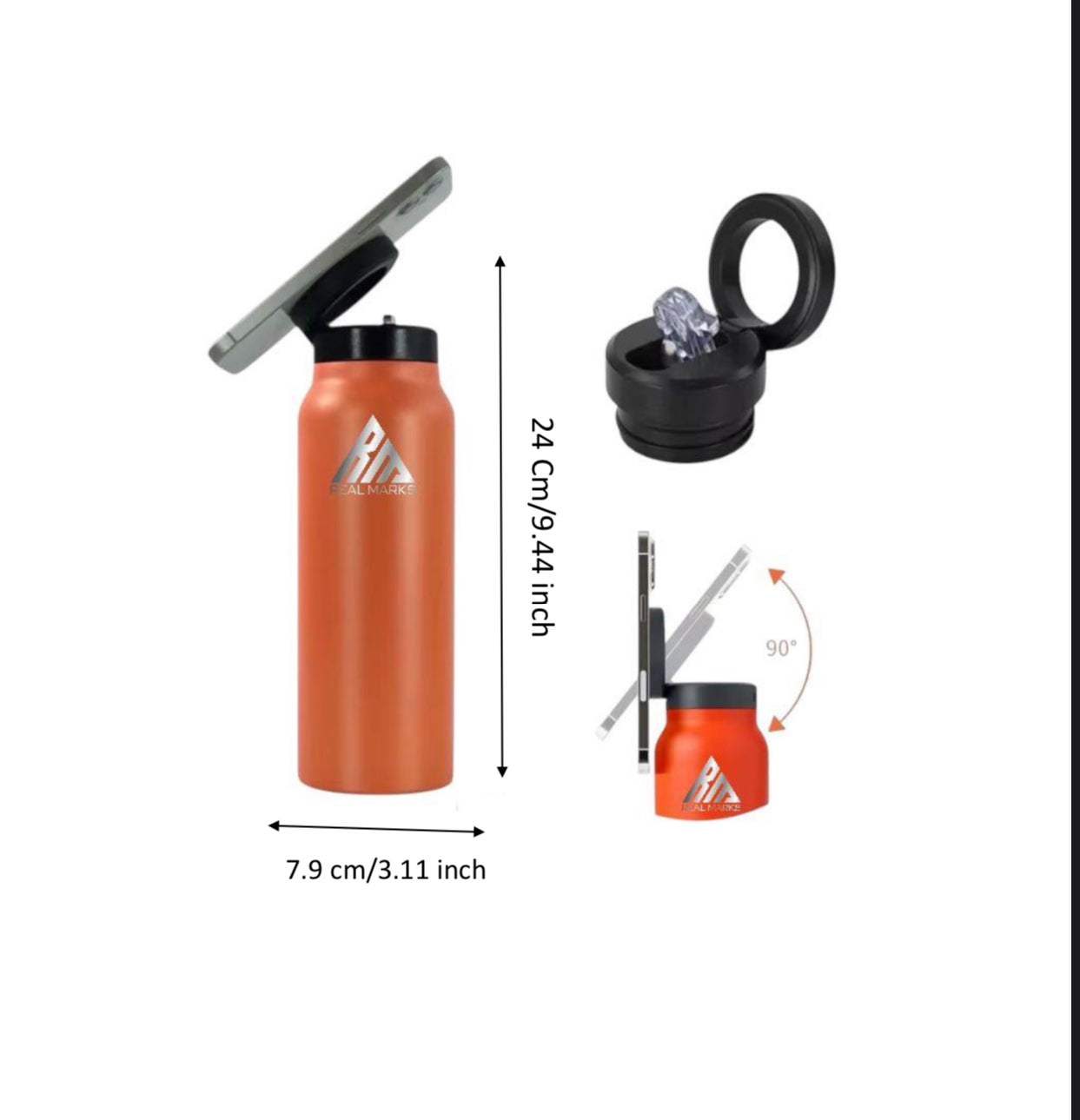 Real Marks-Premium Insulated Water Bottle with Magnetic Phone Holder, Made of Stainless Steel
