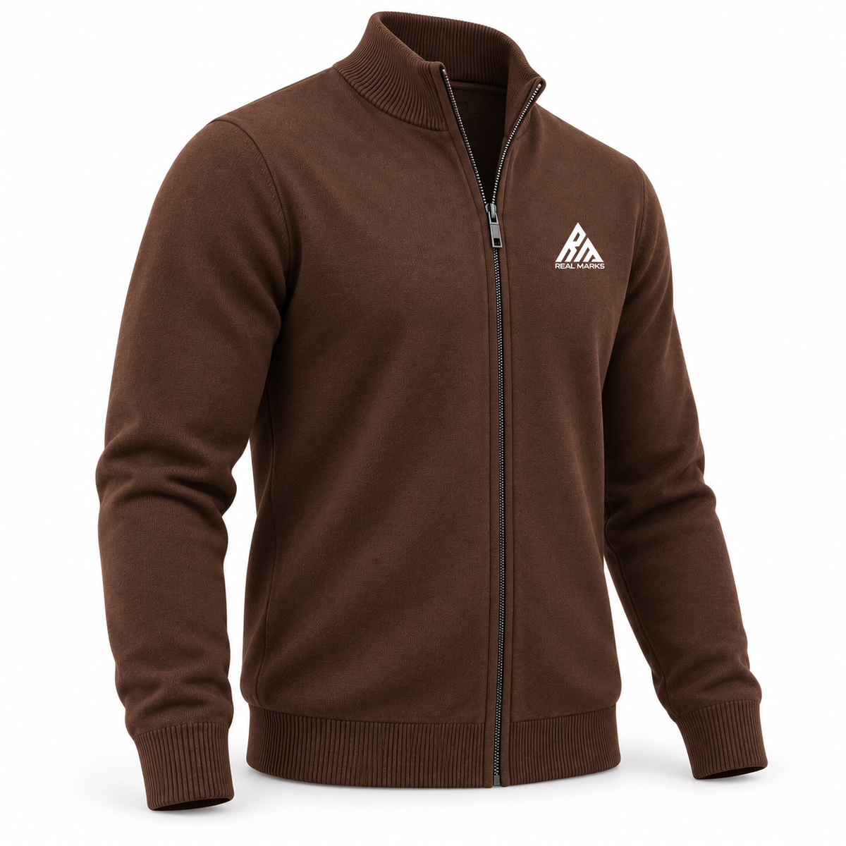 Real Marks full-zip knit cardigan angle design mockup