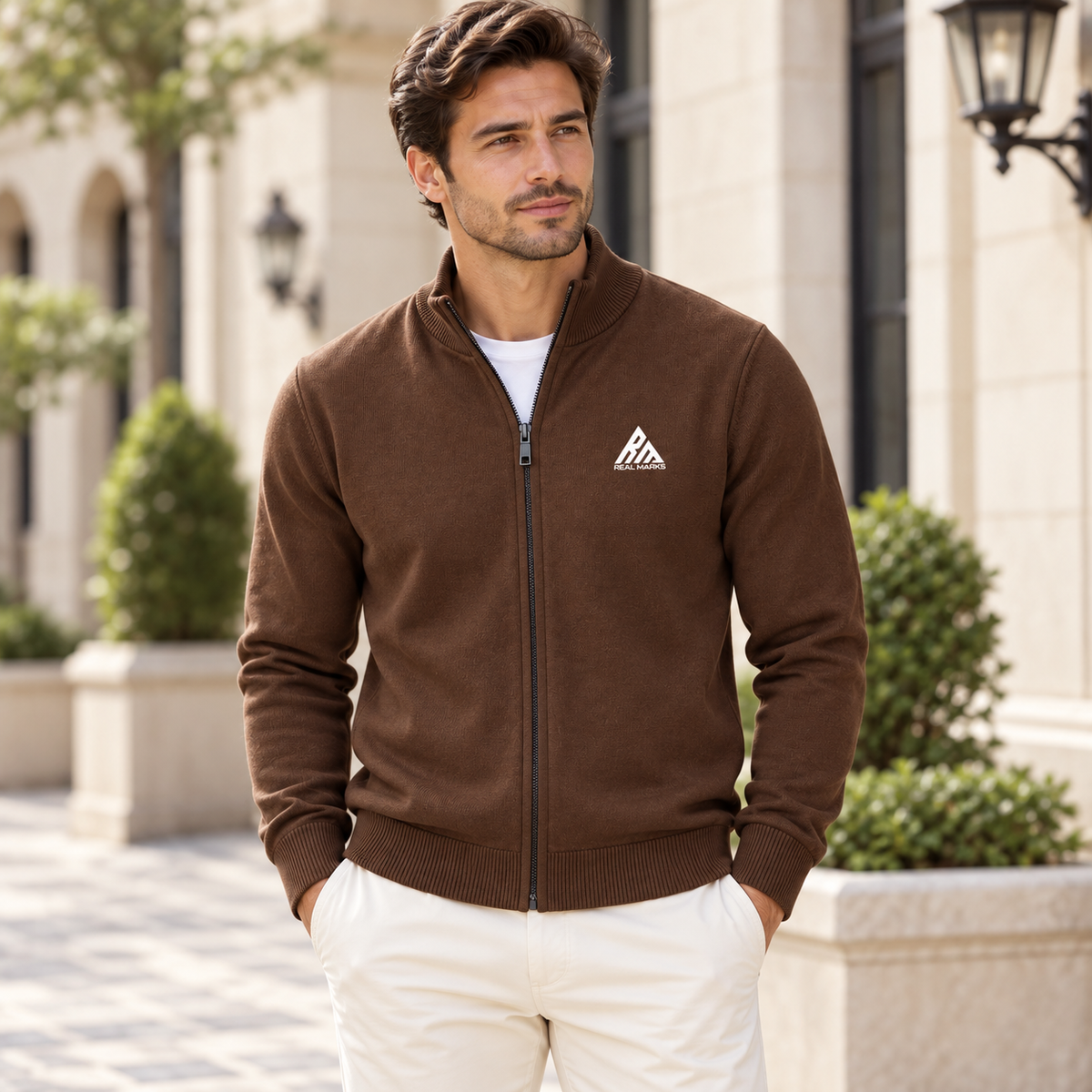 Real Marks full-zip knit cardigan brown model design mockup