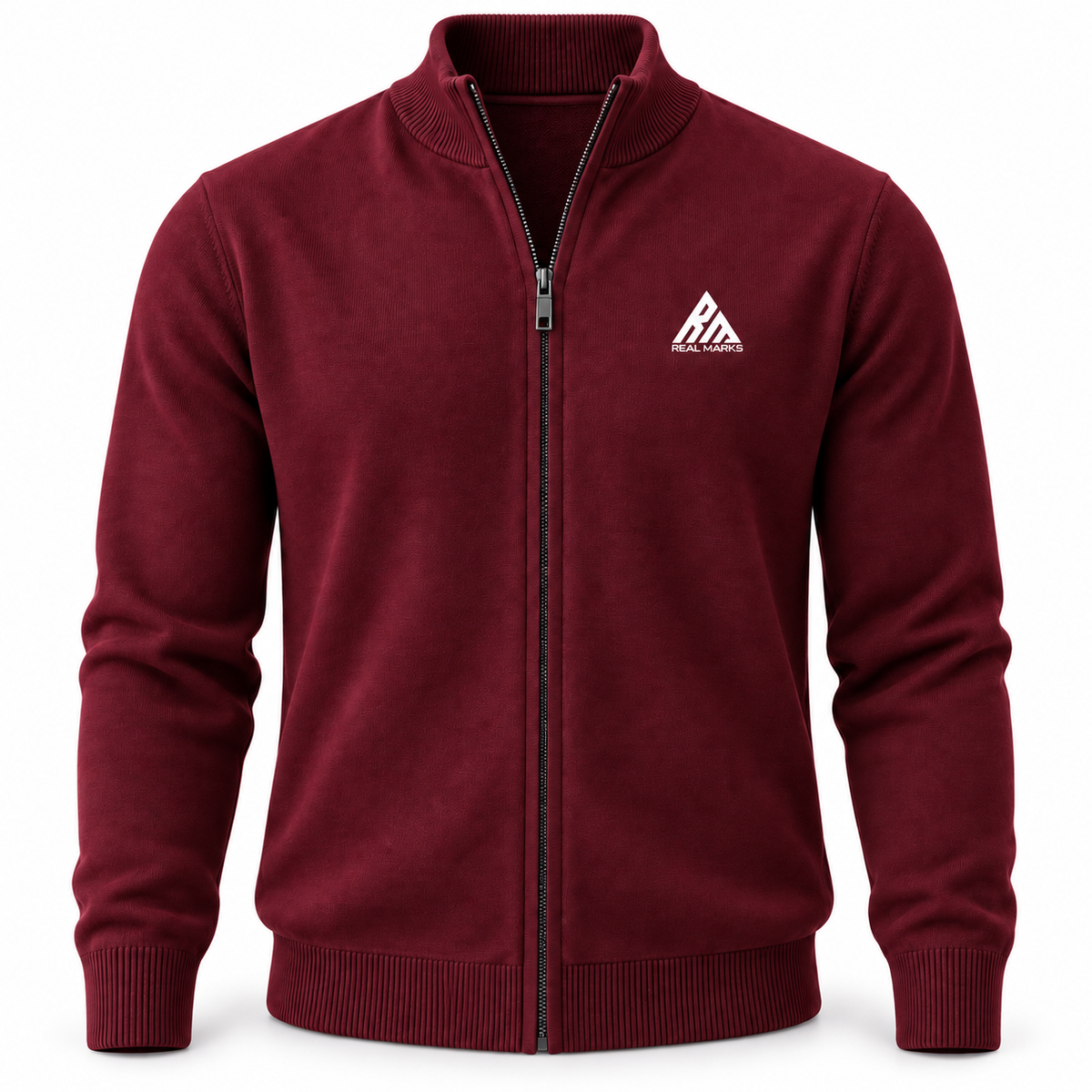 Real Marks full-zip knit cardigan burgundy design mockup