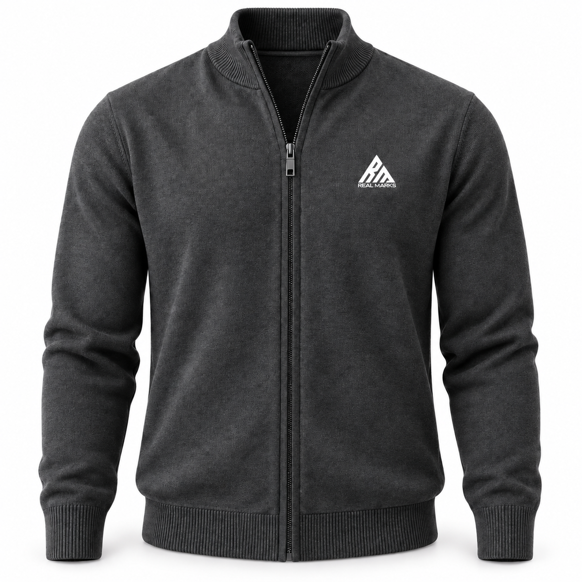 Real Marks full-zip knit cardigan charcoal design mockup