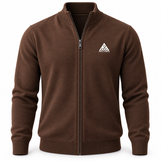 Real Marks full-zip knit cardigan coffee brown design mockup