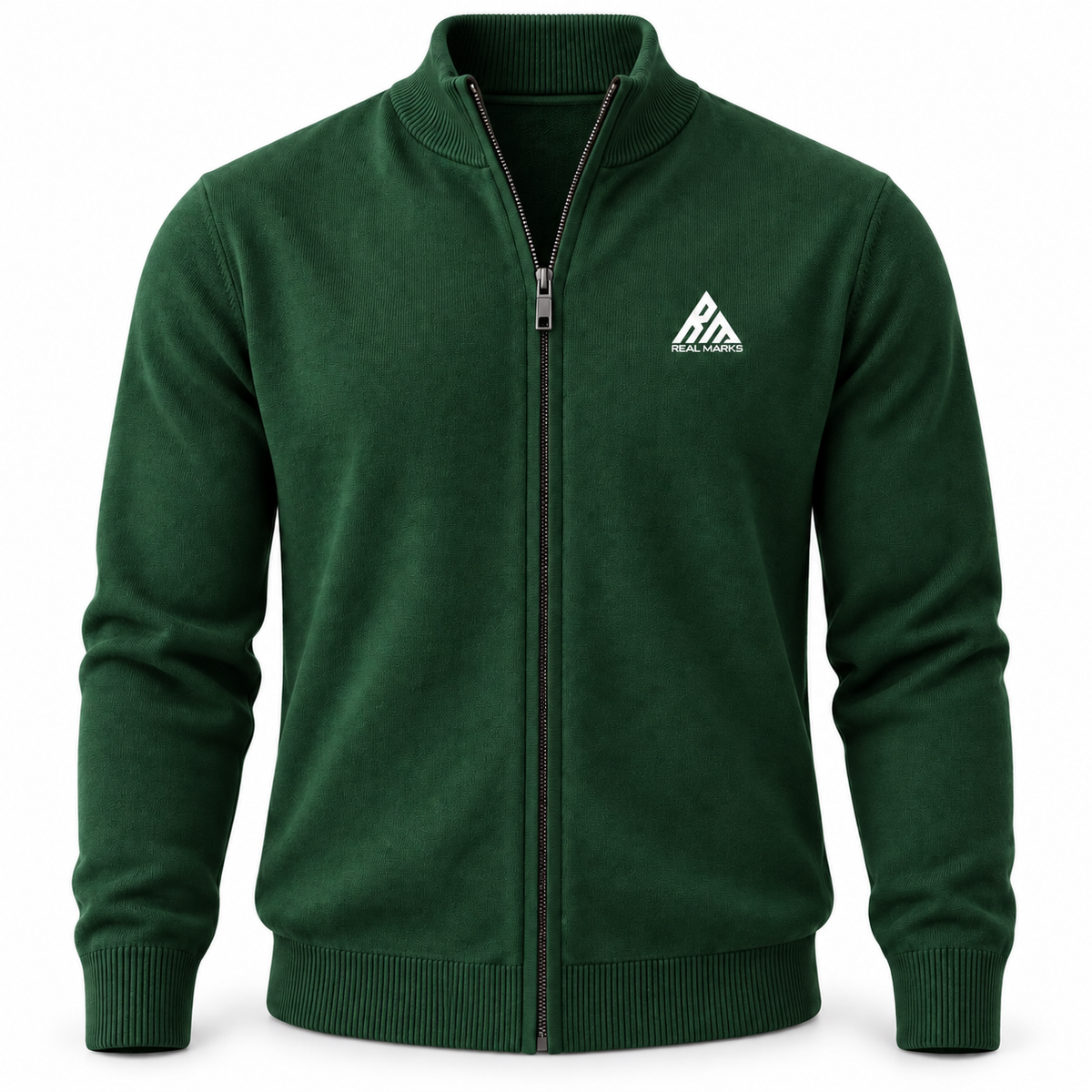 Real Marks full-zip knit cardigan forest green design mockup