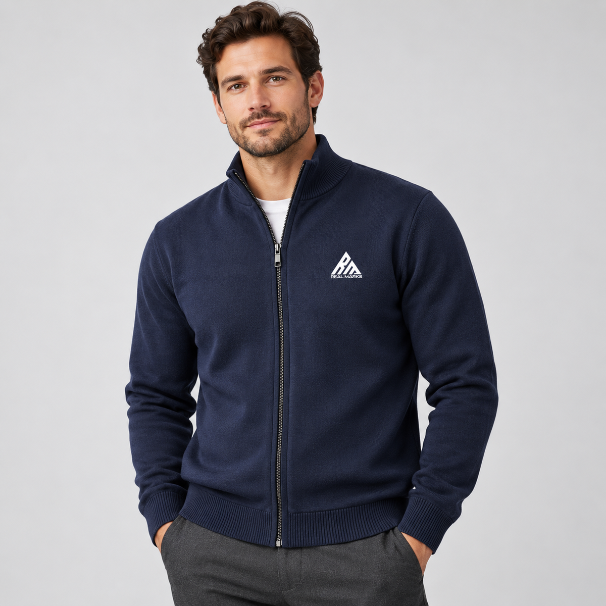 Real Marks full-zip knit cardigan navy model design mockup