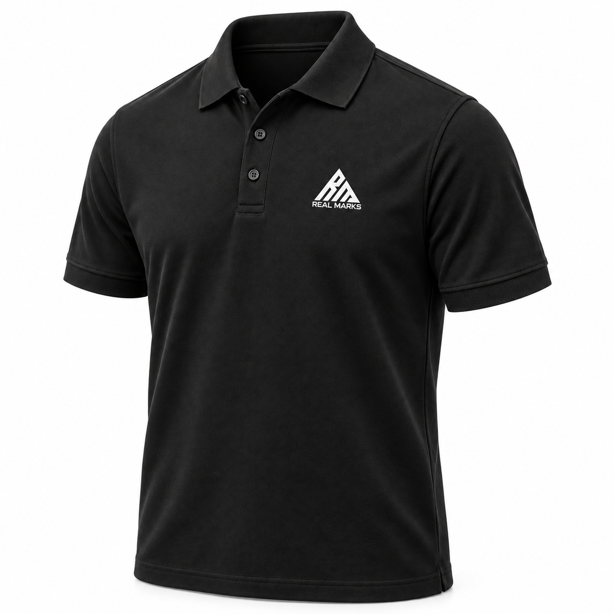 Real Marks Classic Logo Polo in black, three-quarter view with complete chest logo