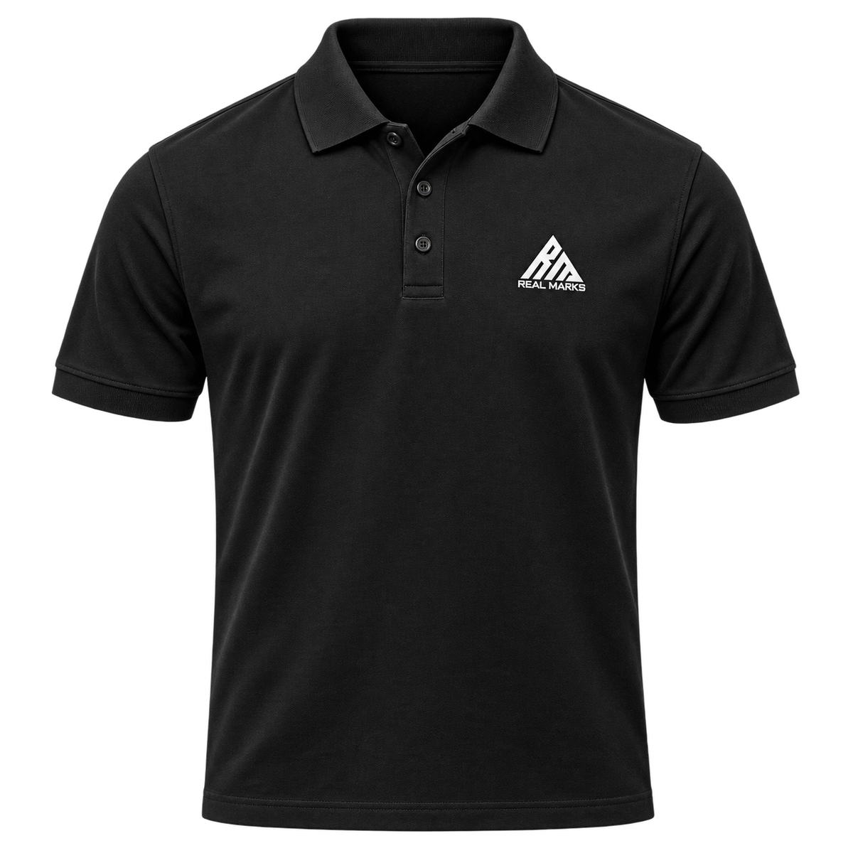 Real Marks Classic Logo Polo in black, front view with complete chest logo