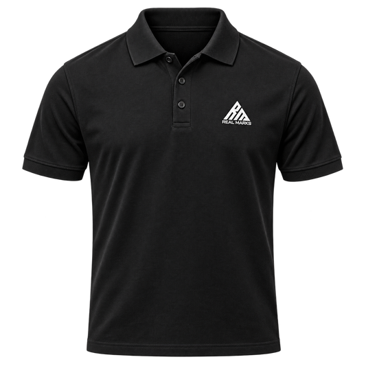 Real Marks Classic Logo Polo in black, front view with complete chest logo