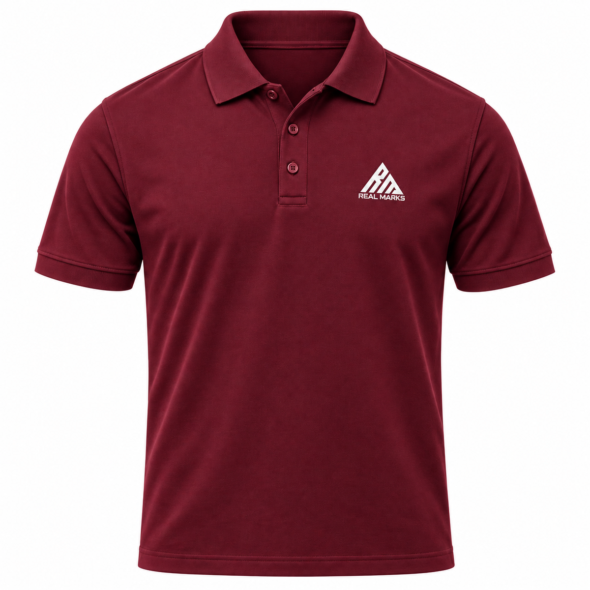 Real Marks Classic Logo Polo in burgundy, front view with complete chest logo