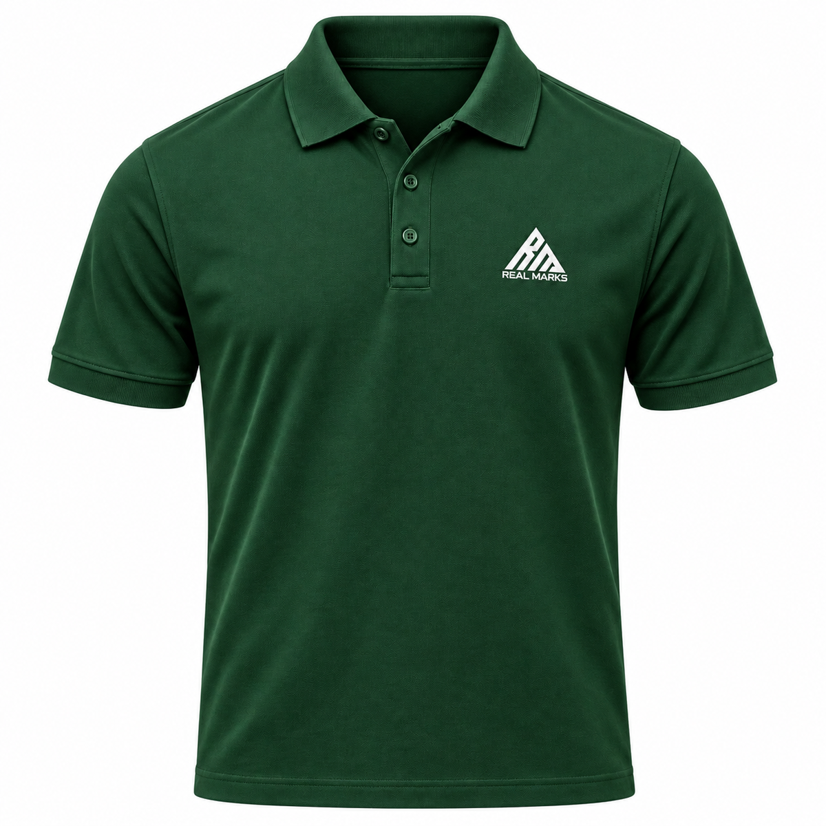Real Marks Classic Logo Polo in forest green, front view with complete chest logo