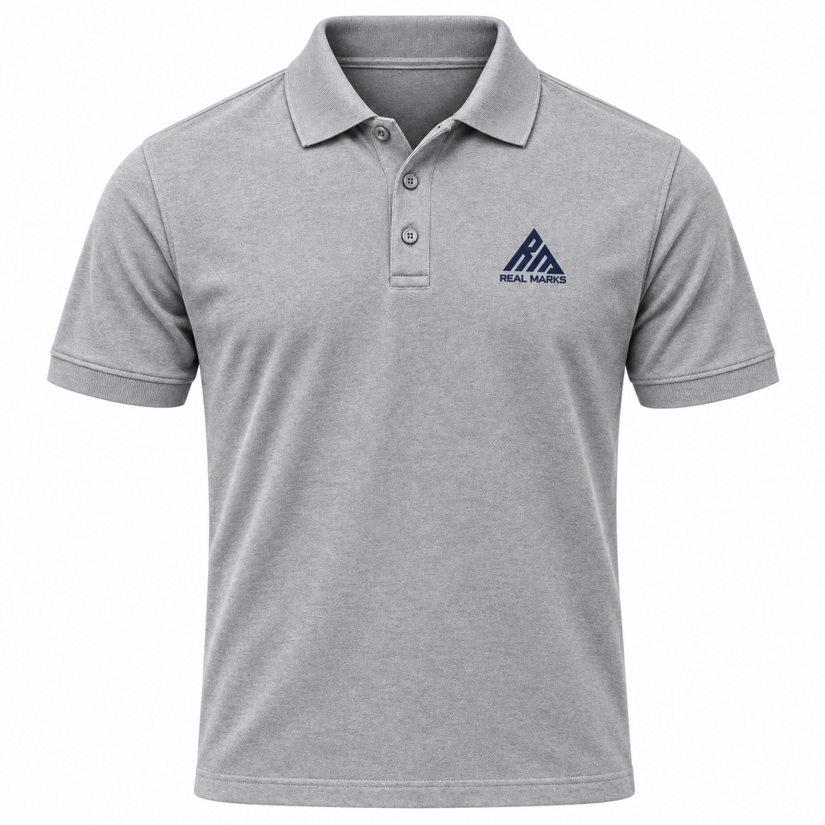 Real Marks Classic Logo Polo in heather grey, front view with complete chest logo