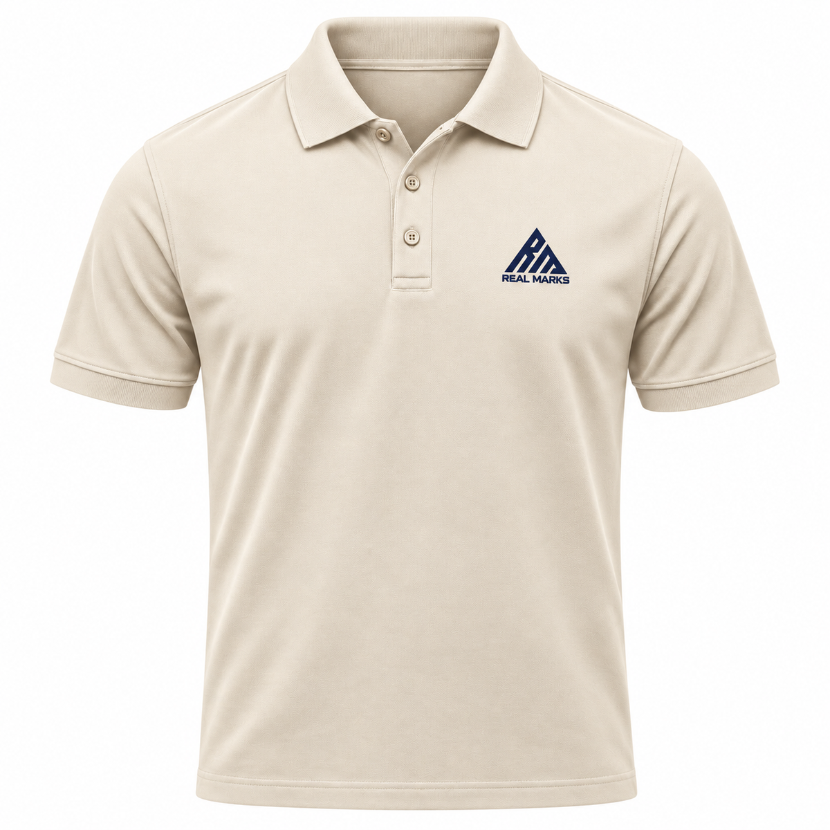 Real Marks Classic Logo Polo in stone, front view with complete chest logo