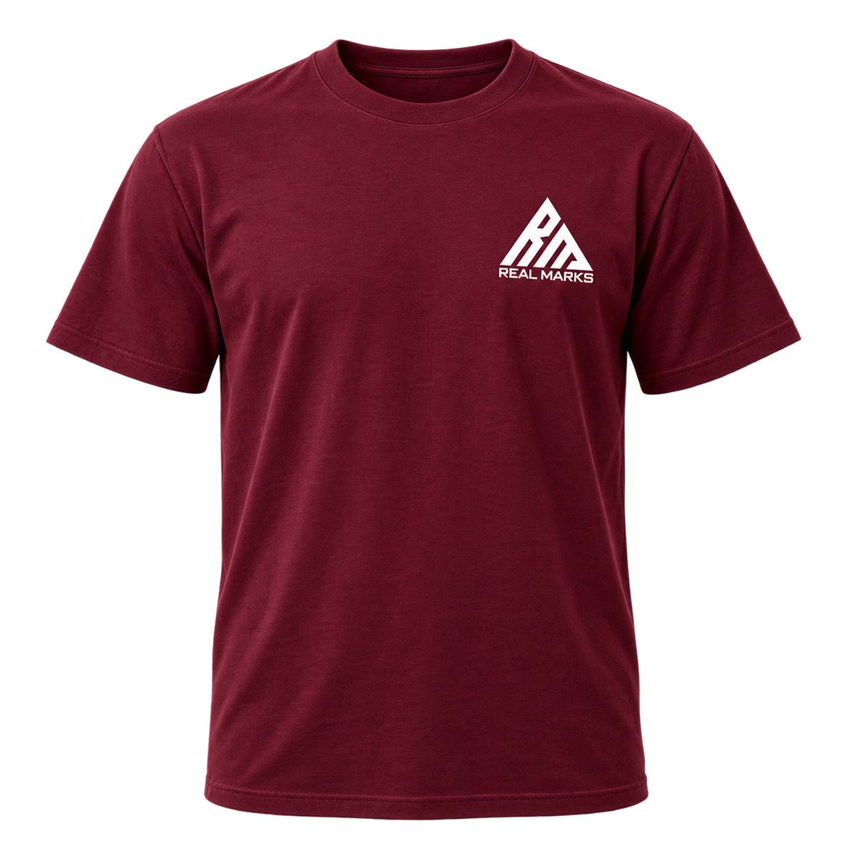Real Marks Essential Logo T-Shirt in burgundy, front view