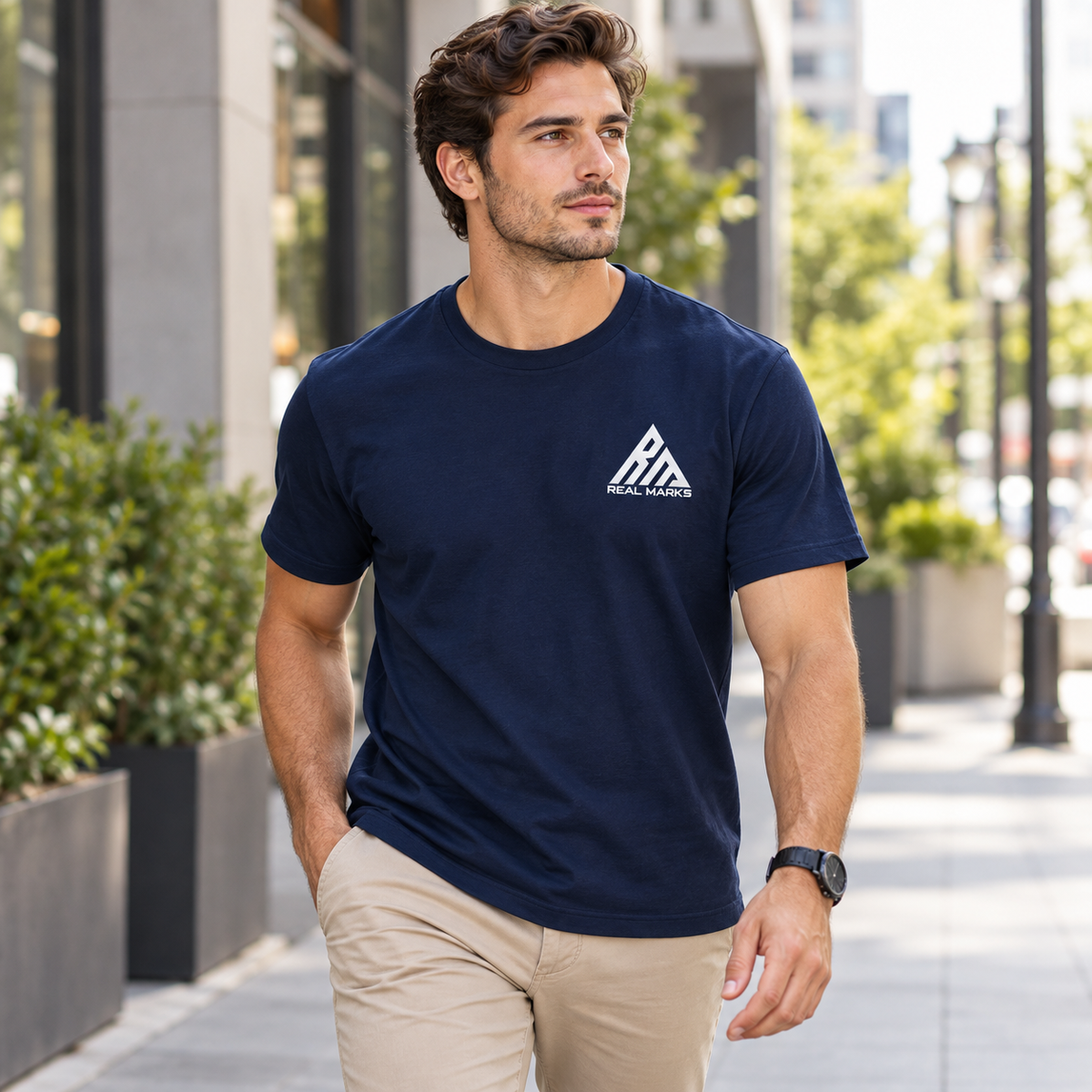 Model wearing navy Real Marks Essential Logo T-Shirt