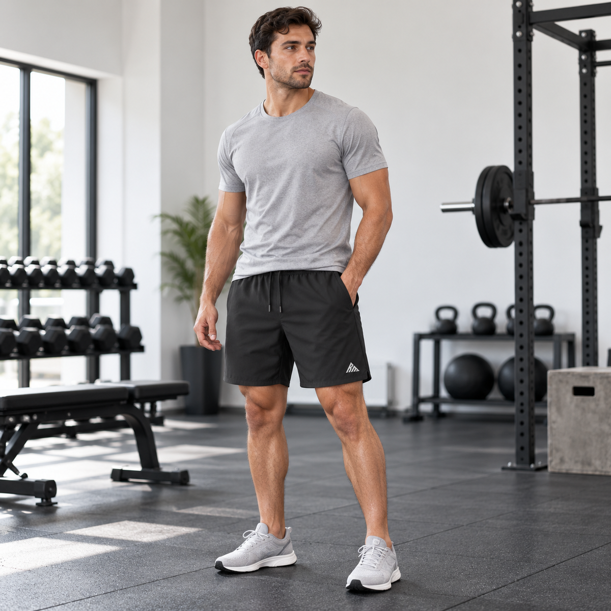 Male model wearing Real Marks men's Everyday Athletic Shorts in black at a gym