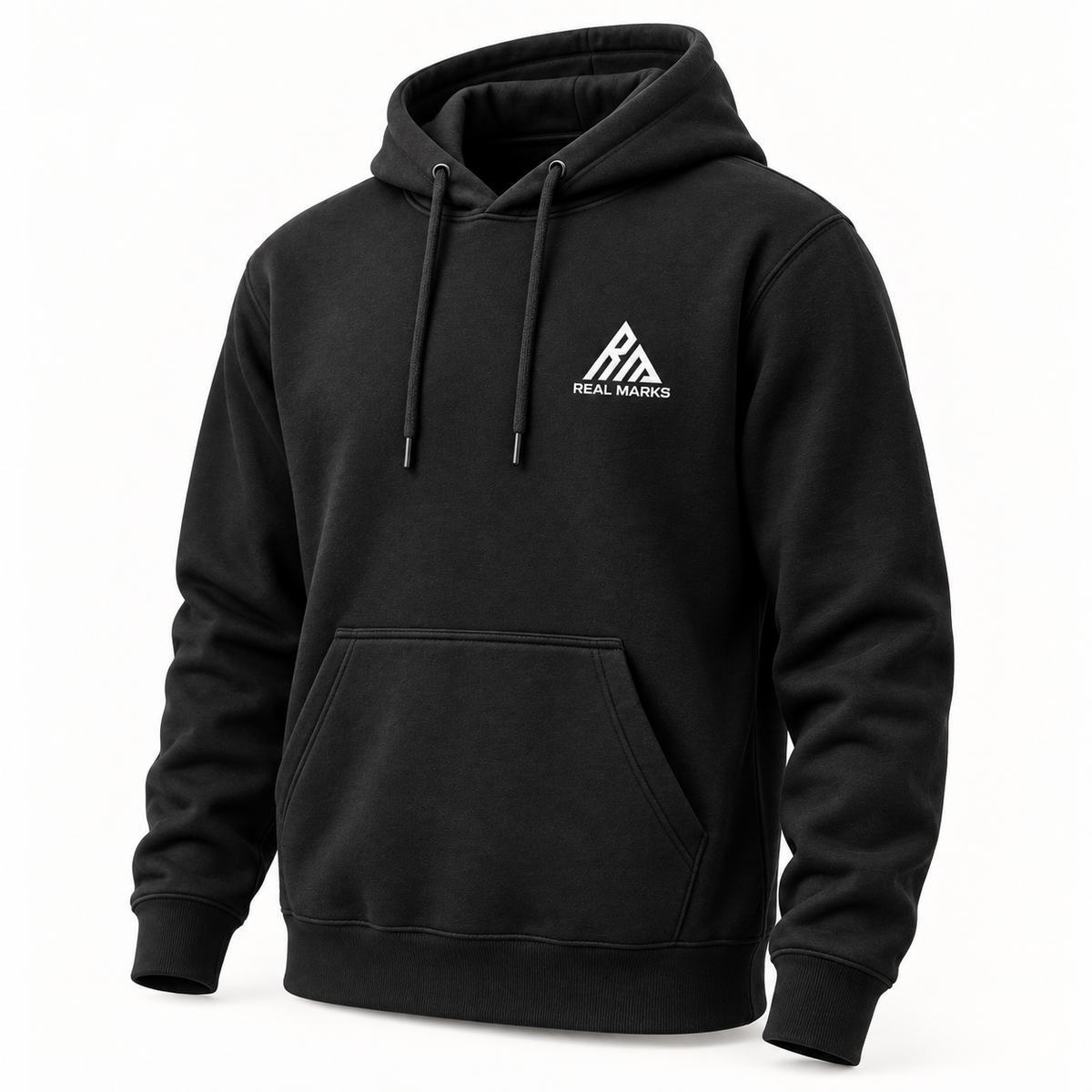 Real Marks Everyday Pullover Hoodie in black, angled view with complete chest logo