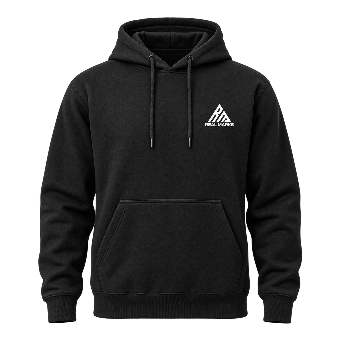 Real Marks Everyday Pullover Hoodie in black, front view with complete chest logo