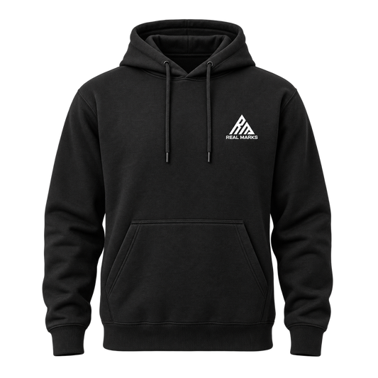 Real Marks Everyday Pullover Hoodie in black, front view with complete chest logo