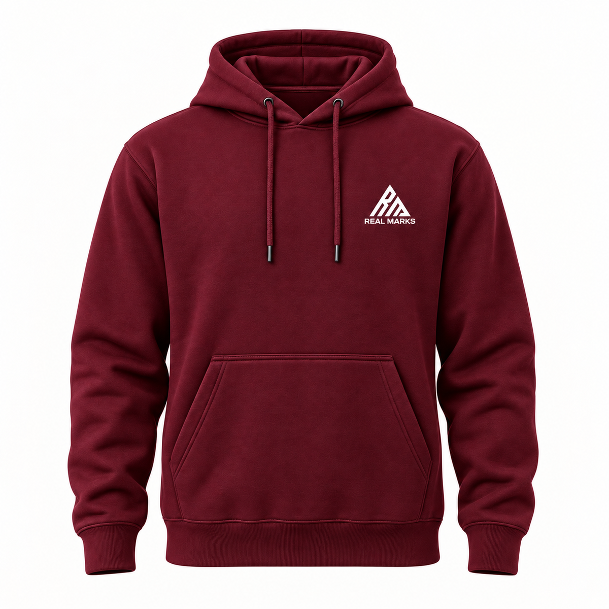 Real Marks Everyday Pullover Hoodie in burgundy, front view with complete chest logo
