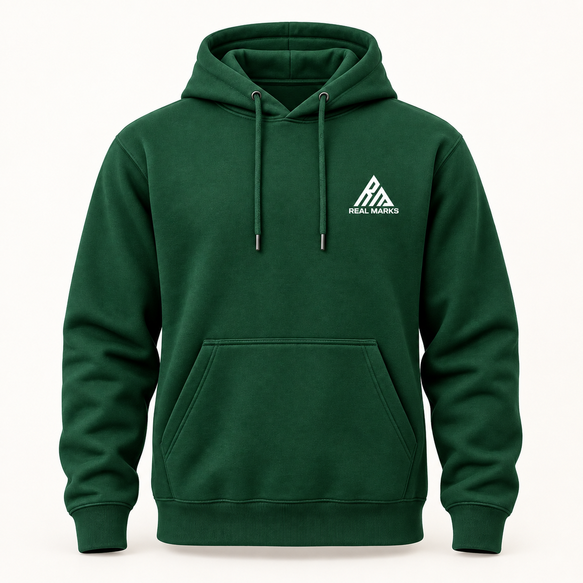 Real Marks Everyday Pullover Hoodie in forest green, front view with complete chest logo
