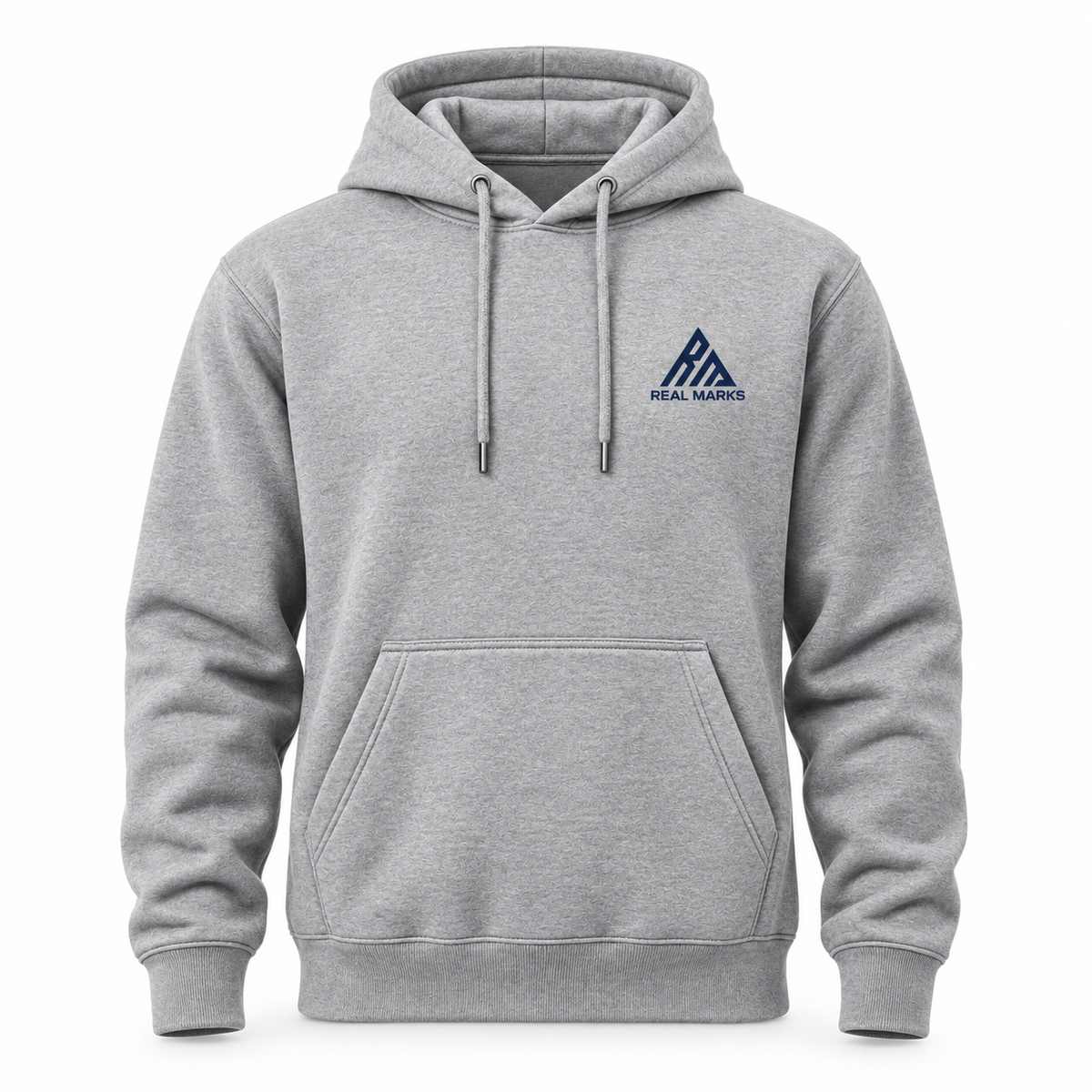 Real Marks Everyday Pullover Hoodie in heather grey, front view with complete chest logo