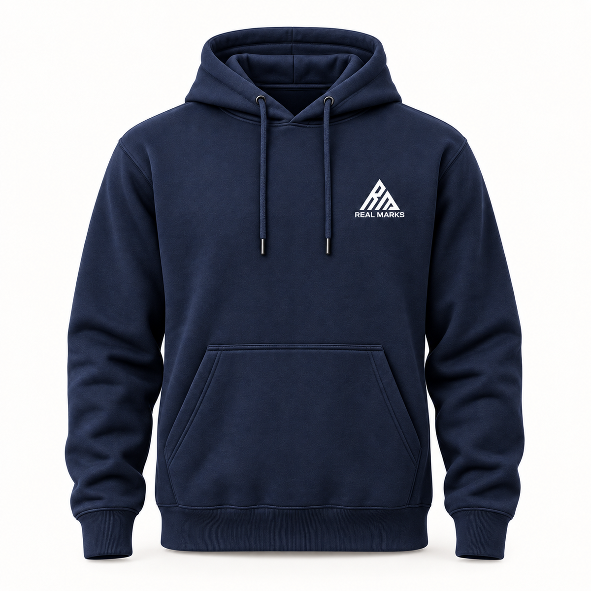 Real Marks Everyday Pullover Hoodie in navy, front view with complete chest logo