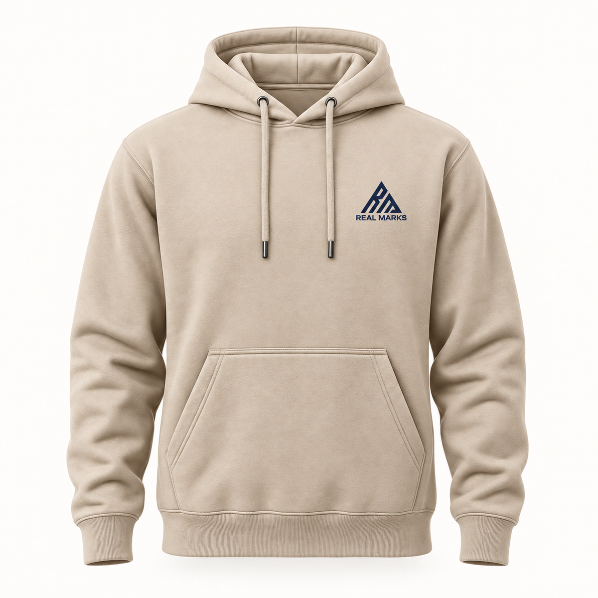 Real Marks Everyday Pullover Hoodie in stone, front view with complete chest logo