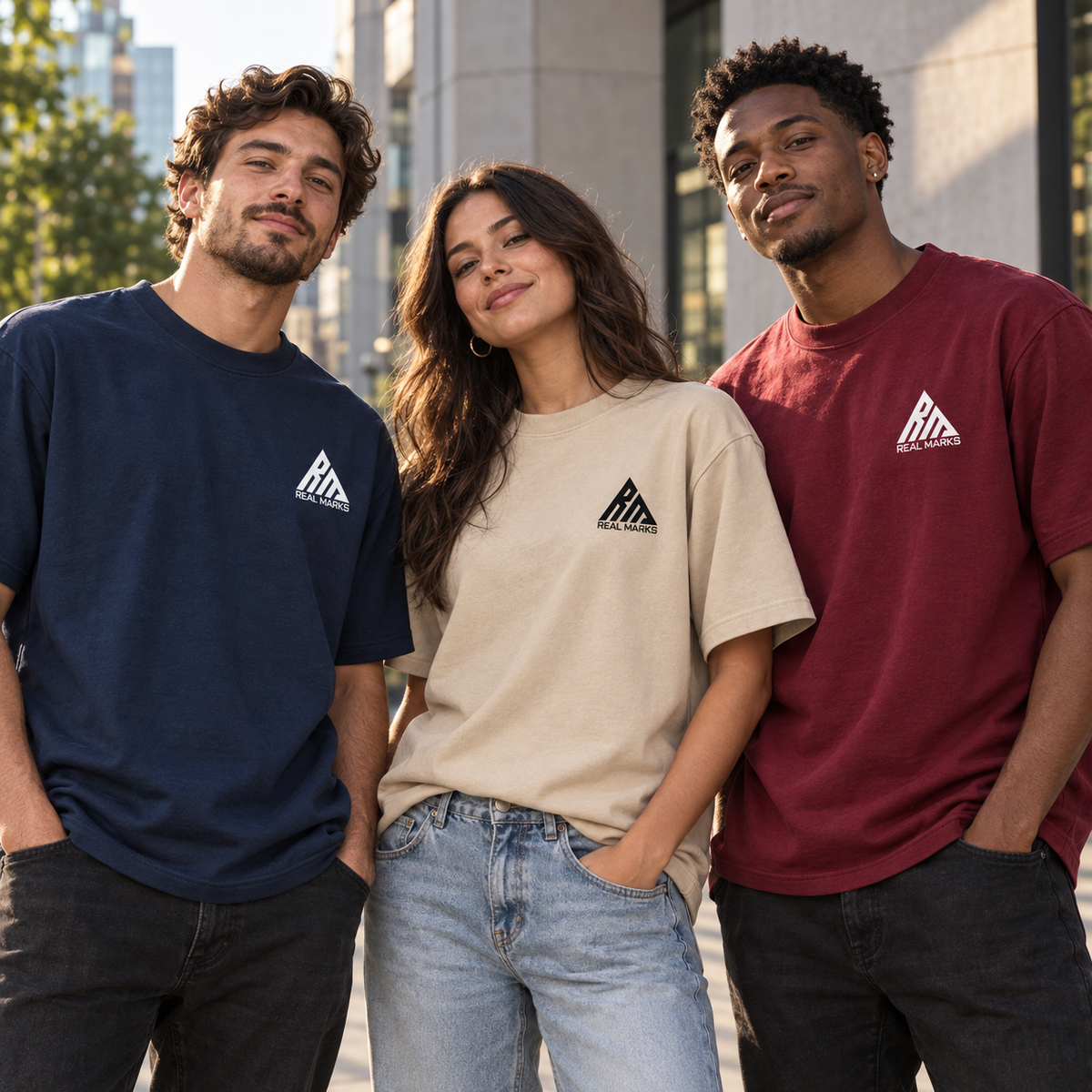 Three adults wearing navy, sand and burgundy Real Marks heavyweight logo T-shirts