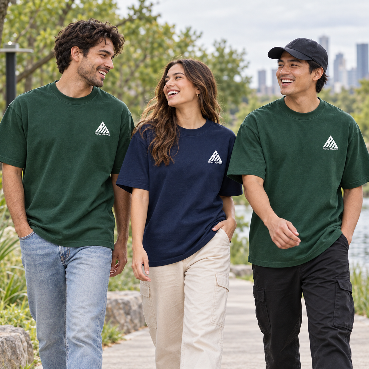 Three adults wearing forest green and navy Real Marks heavyweight logo T-shirts