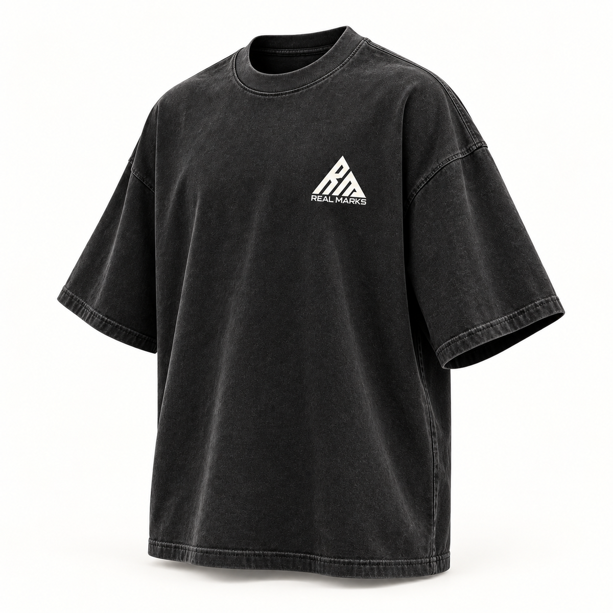 Real Marks Oversized Street T-Shirt in washed black, three-quarter view