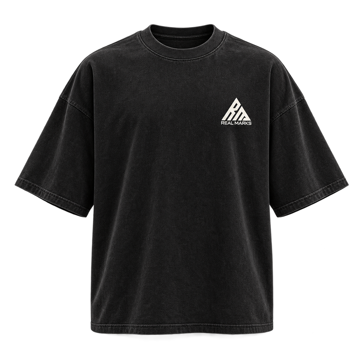 Real Marks Oversized Street T-Shirt in washed black, front view with complete logo