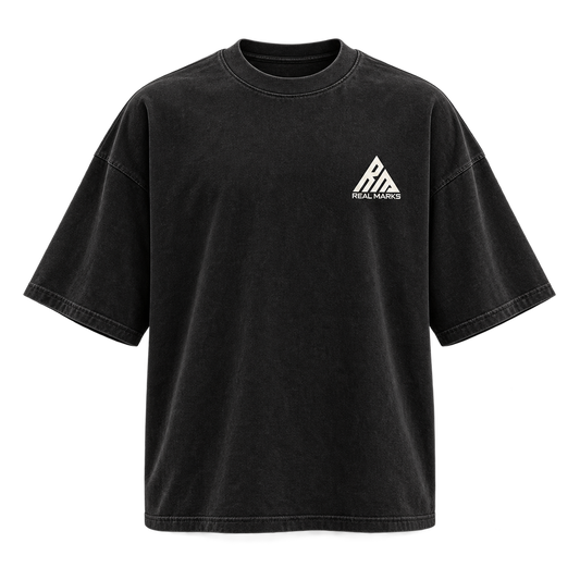 Real Marks Oversized Street T-Shirt in washed black, front view with complete logo