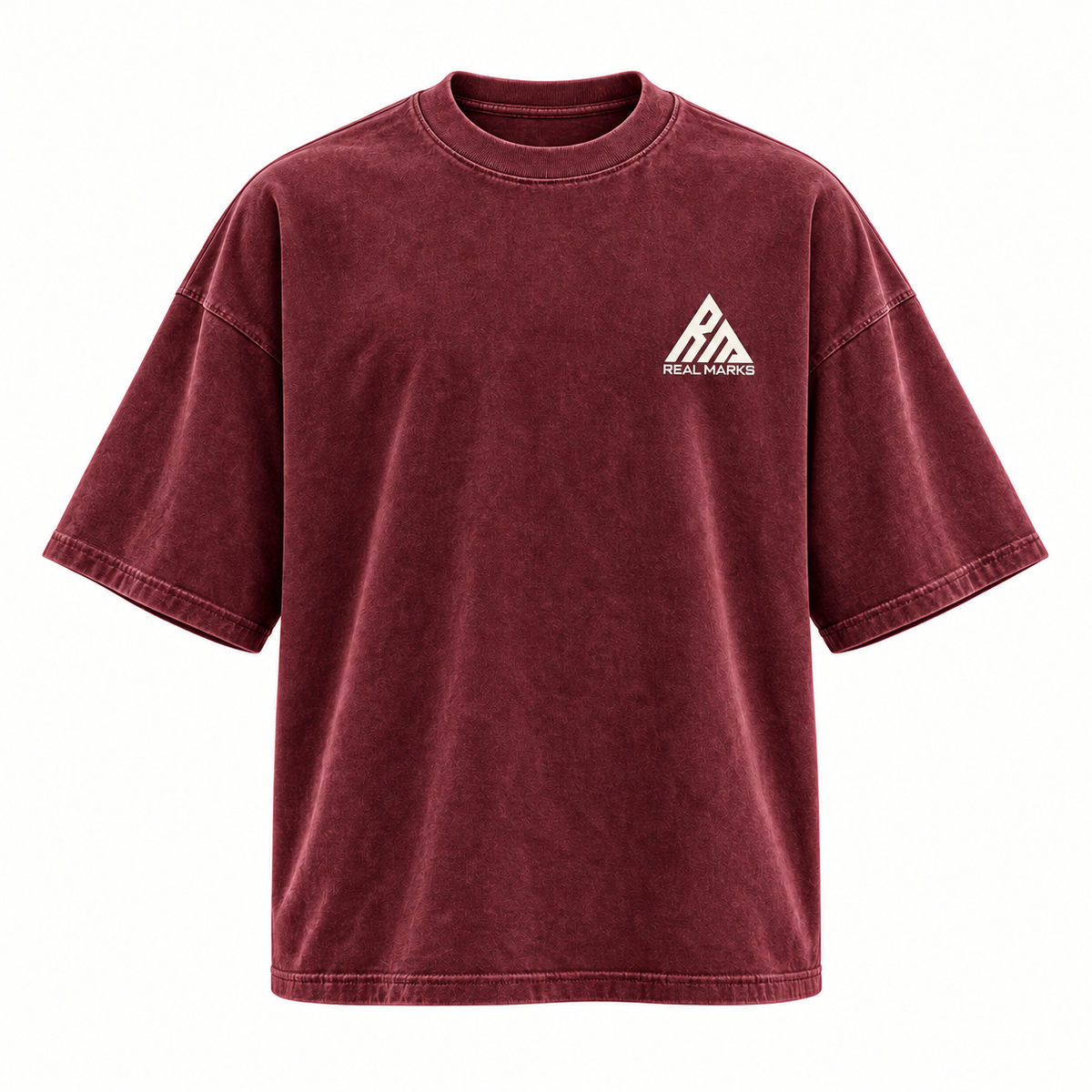 Real Marks Oversized Street T-Shirt in burgundy, front view with complete logo