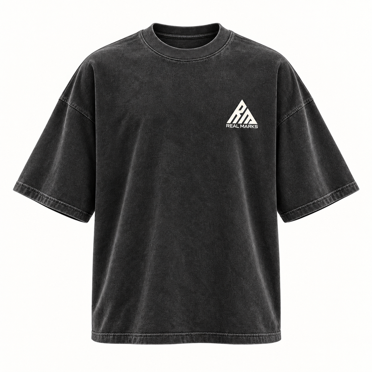 Real Marks Oversized Street T-Shirt in charcoal, front view with complete logo