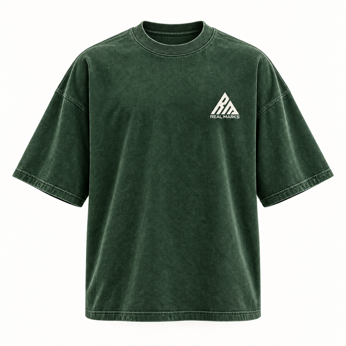 Real Marks Oversized Street T-Shirt in forest green, front view with complete logo