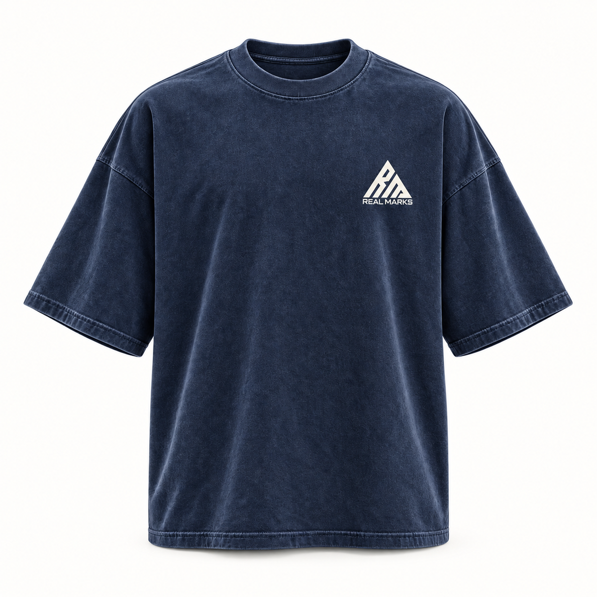 Real Marks Oversized Street T-Shirt in navy, front view with complete logo