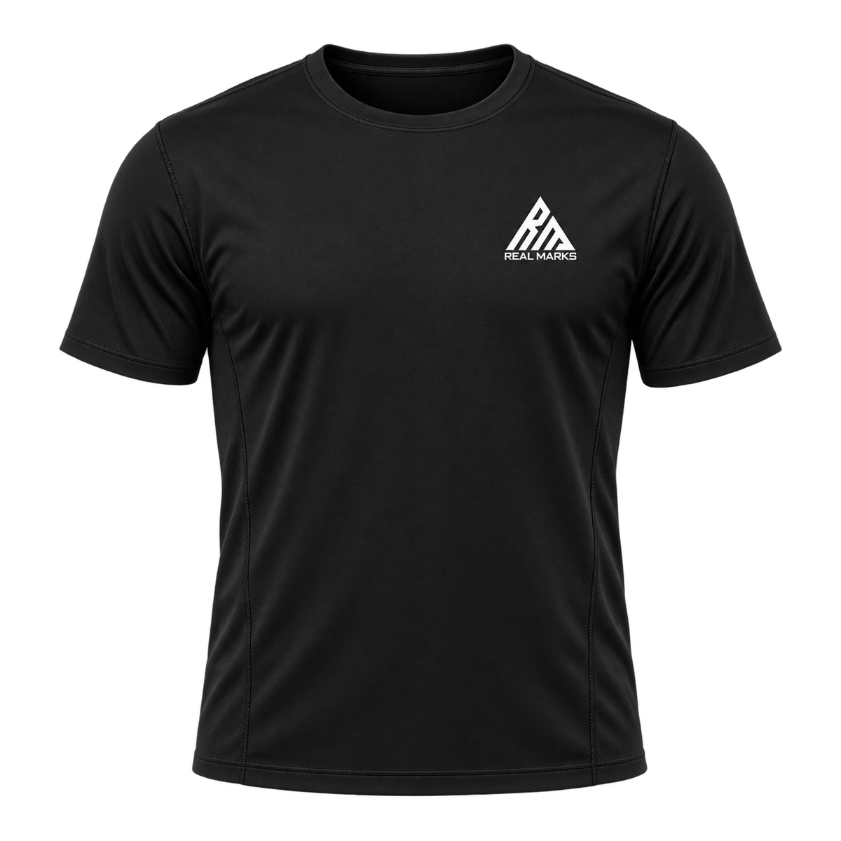 Real Marks Performance Training T-Shirt in black, front view with complete chest logo