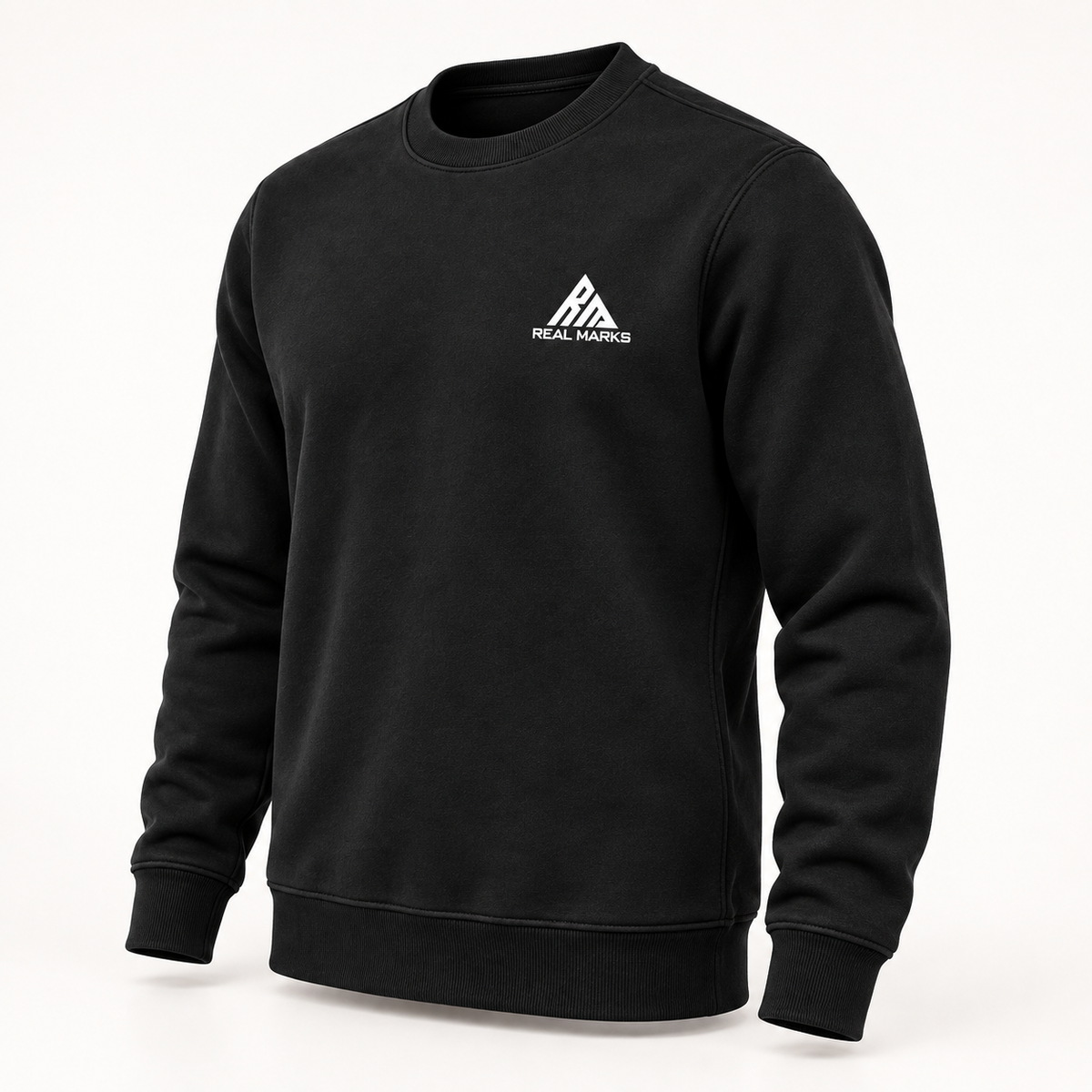 Real Marks Signature Crewneck Sweatshirt in black, angled view with complete chest logo