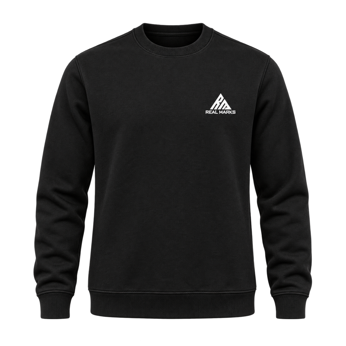 Real Marks Signature Crewneck Sweatshirt in black, front view with complete chest logo