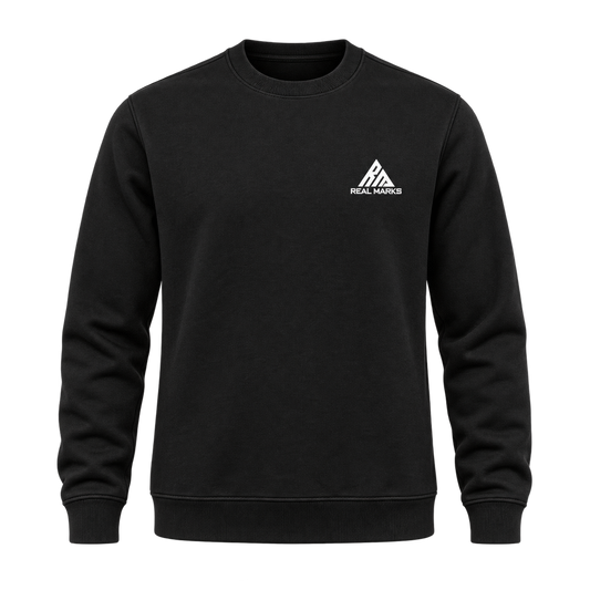 Real Marks Signature Crewneck Sweatshirt in black, front view with complete chest logo