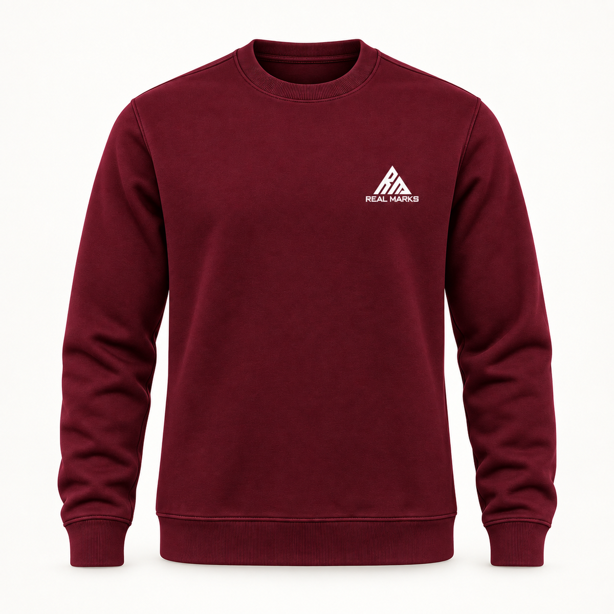Real Marks Signature Crewneck Sweatshirt in burgundy, front view with complete chest logo