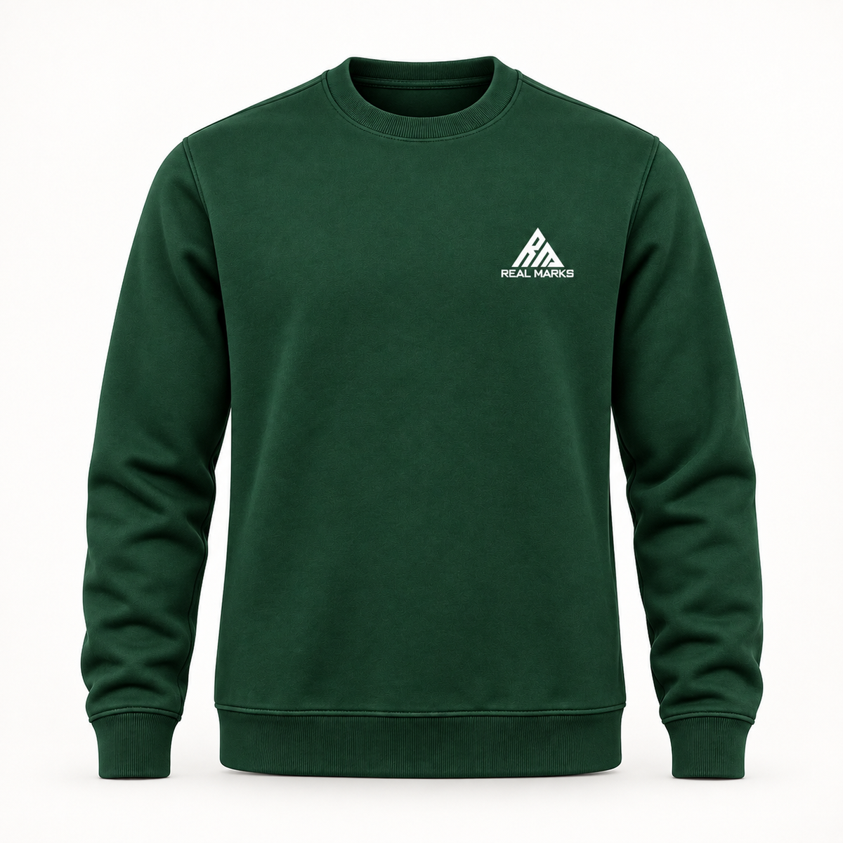 Real Marks Signature Crewneck Sweatshirt in forest green, front view with complete chest logo