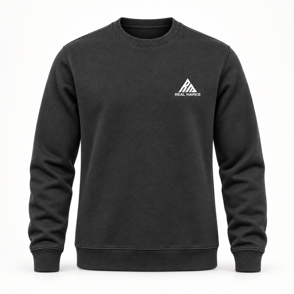 Real Marks Signature Crewneck Sweatshirt in heather grey, front view with complete chest logo