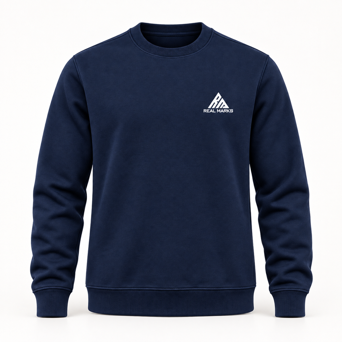 Real Marks Signature Crewneck Sweatshirt in navy, front view with complete chest logo