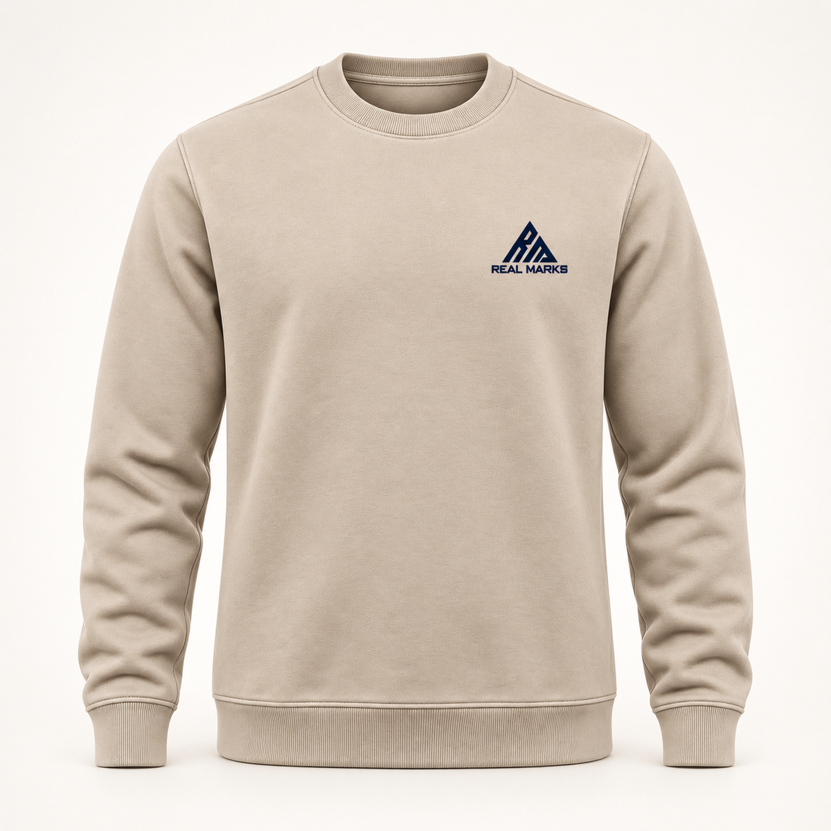 Real Marks Signature Crewneck Sweatshirt in stone, front view with complete chest logo