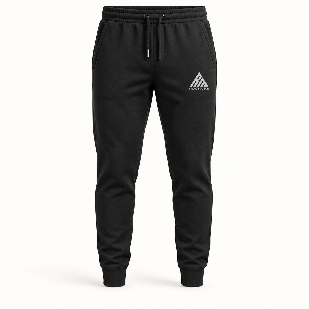 Real Marks men's Tapered Everyday Joggers in black with full Real Marks logo, front view