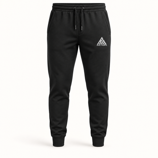 Real Marks men's Tapered Everyday Joggers in black with full Real Marks logo, front view