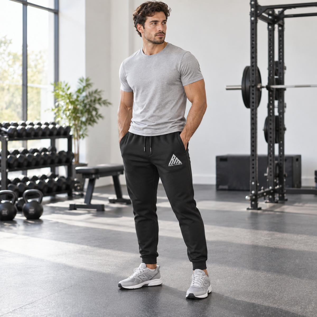 Male model wearing Real Marks Tapered Everyday Joggers in black with full Real Marks logo