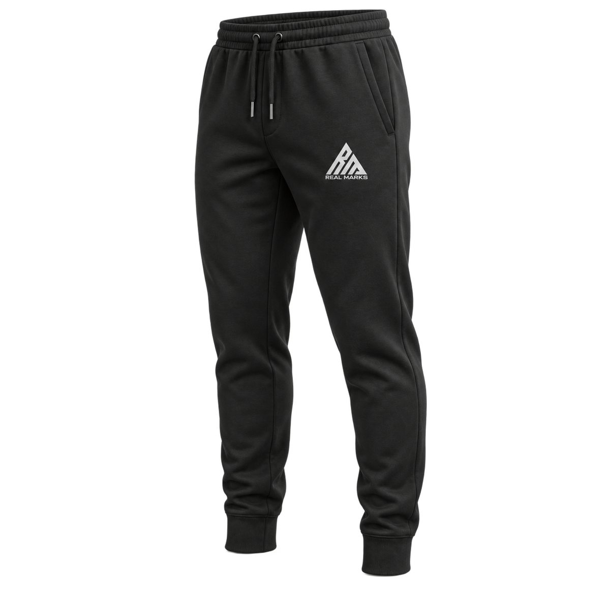 Real Marks men's Tapered Everyday Joggers in black with full Real Marks logo, side view